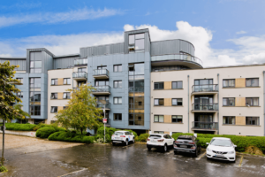 230 Wyckham Point, Dundrum, Dublin 14 front view of apartment block with parking and garden area