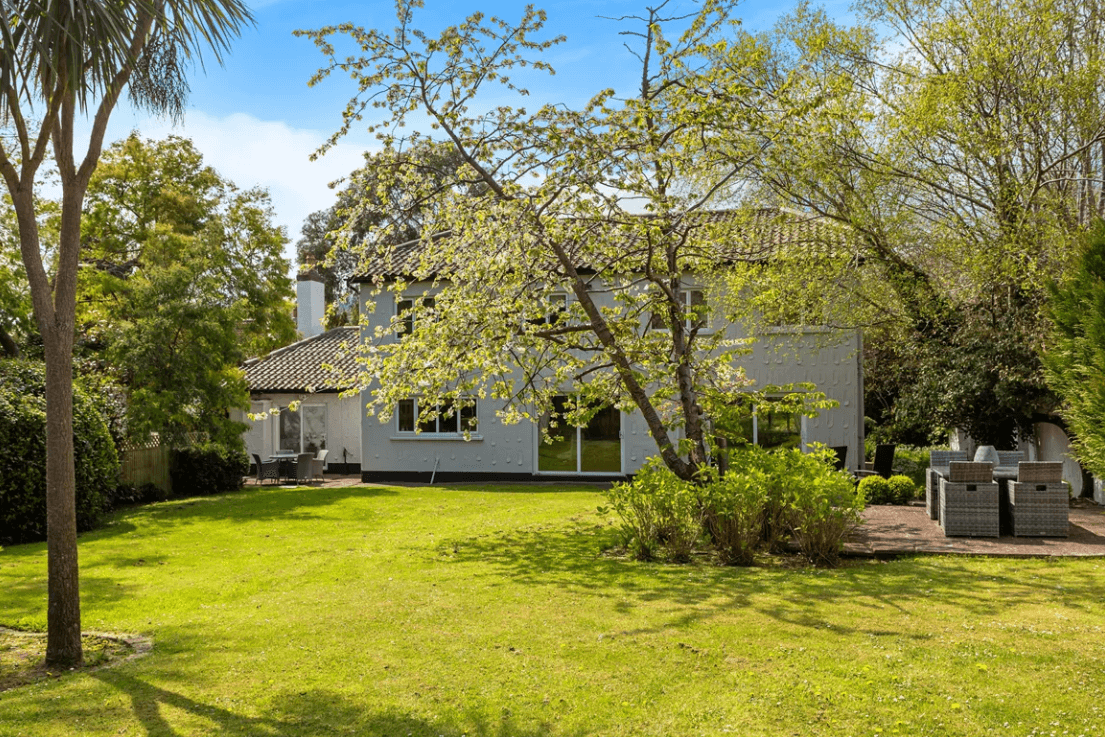 Balfour Ferndale Road Rathmichael Dublin George and Maguire Properties rear view of the house with large tree infront of house and large lawn